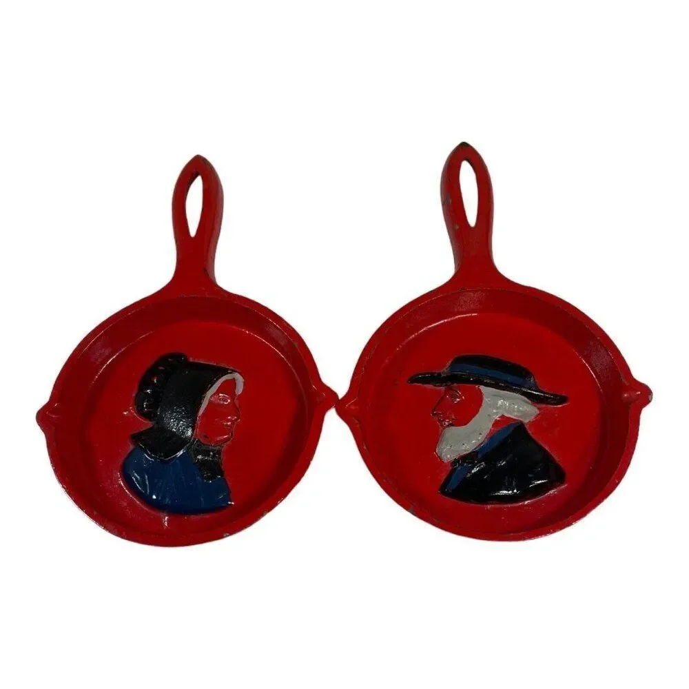 Vintage Mini Lot of 2 Cast Iron Medium Pans Amish Man Woman Wall Decor Hanging